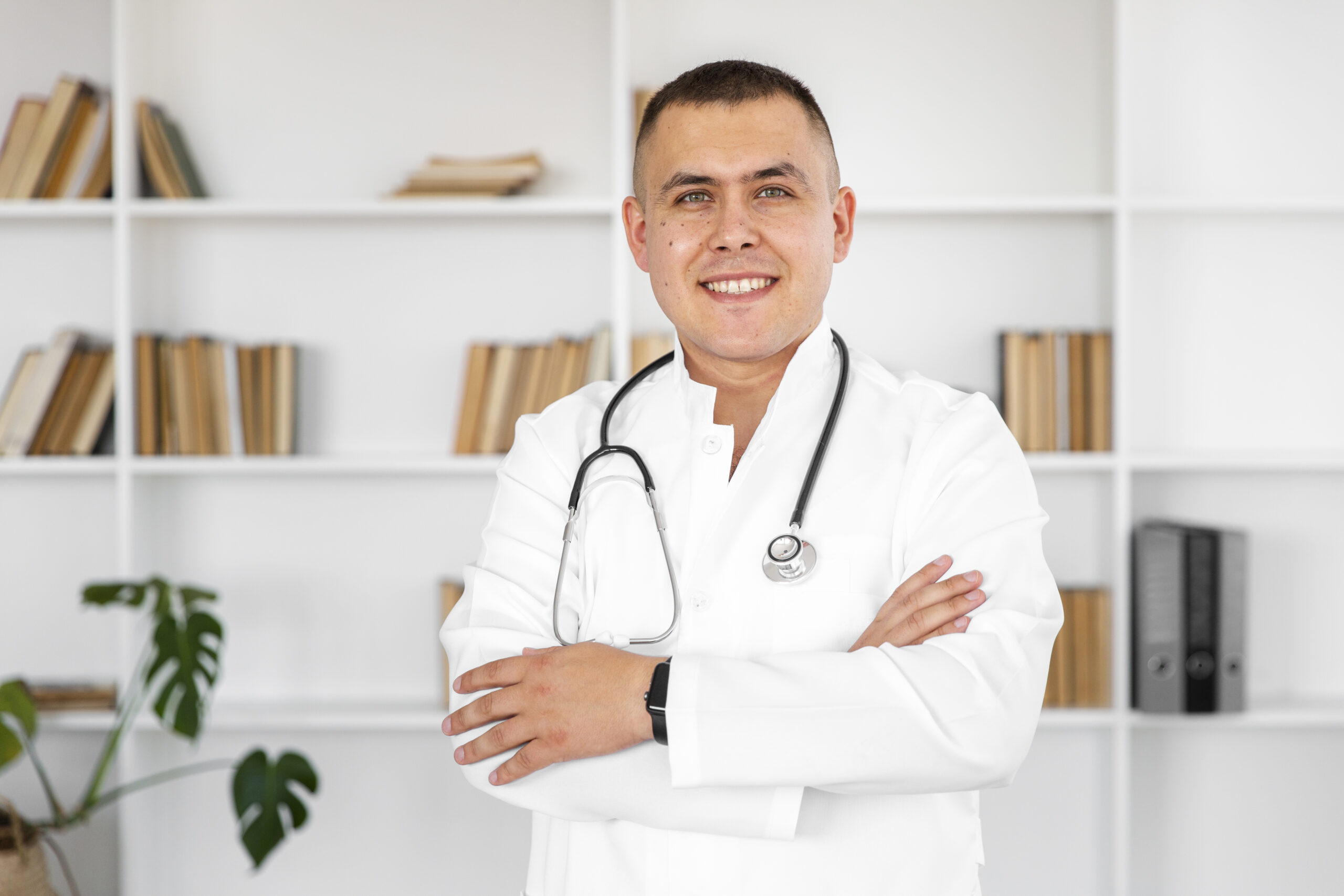 Portrait Smiling Doctor With Cross Hands - PAVON | Contabilidade em São Paulo