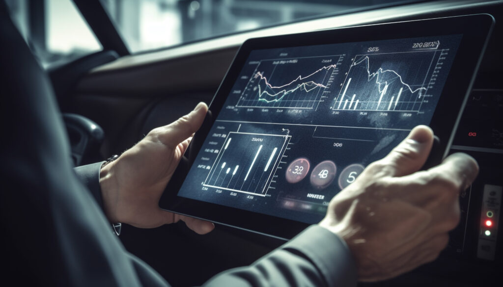 Man Suit Is Holding Tablet Front Car With Graph It - PAVON | Contabilidade em São Paulo